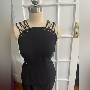 black long dress peplum top style/gold details/mesh sides/split open left bottom